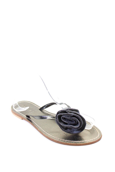 J Crew Womens Leather Metallic Floral Accent Thong Flip Flops Gray Size 8US