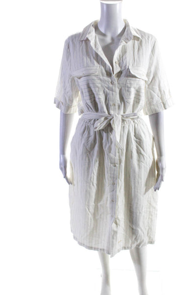 FRNCH Womens Button Front Short Sleeve Striped Shirt Dress White Blue Size Large