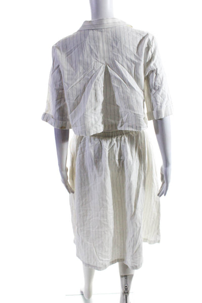 FRNCH Womens Button Front Short Sleeve Striped Shirt Dress White Blue Size Large