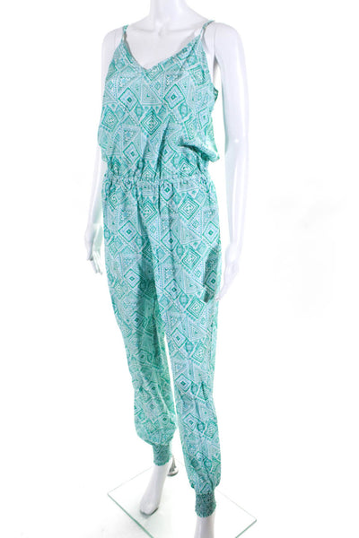 Paloma Blue Womens V Neck Geometric Print Jumpsuit Green Turquoise Silk Medium