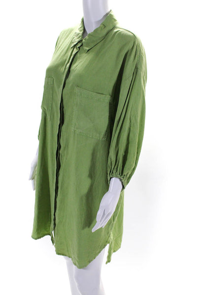 YFB Women's Half Sleeve Button Front Collared Shirt Dress Green Size M