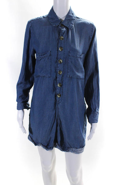 Elan Women's Long Sleeve Button Front Collared Romper Blue Size S