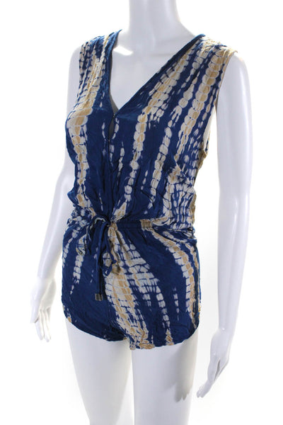 Elan Women's Printed Snap Front Sleeveless Romper Blue Beige Size S