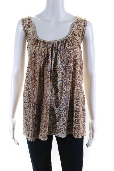 Free People Women's Sleeveless Floral Print Scoop Neck Hi-Low Top Beige Size XS