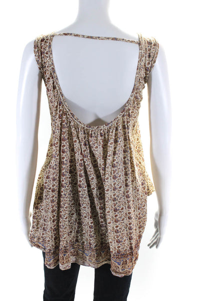 Free People Women's Sleeveless Floral Print Scoop Neck Hi-Low Top Beige Size XS