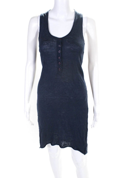 360 Sweater Womens Knit Henley Scoop Neck Tank Shift Dress Navy Linen Size Small