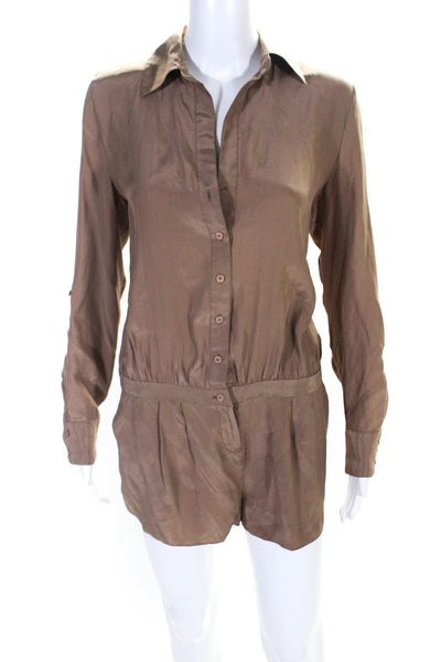 Haute Hippie Womens Long Sleeve Button Up Romper Brown Silk Size Small