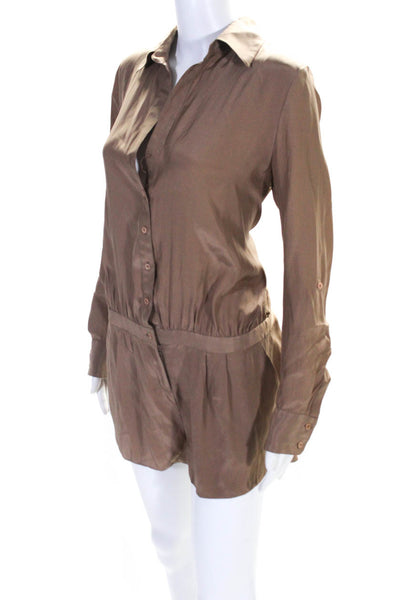 Haute Hippie Womens Long Sleeve Button Up Romper Brown Silk Size Small