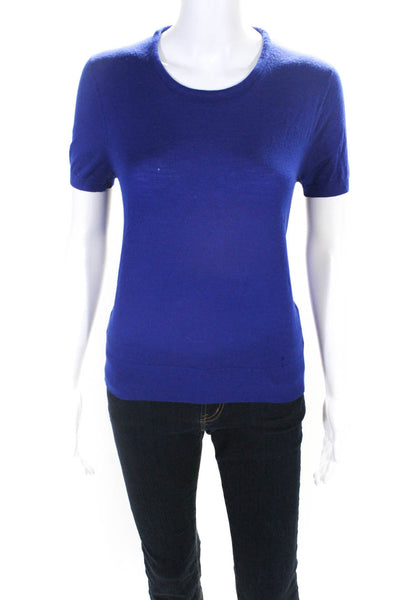 Boss Hugo Boss Womens Wool Thin-Knit Ribbed Hem Short Sleeve Top Blue Size S