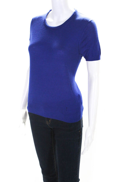 Boss Hugo Boss Womens Wool Thin-Knit Ribbed Hem Short Sleeve Top Blue Size S