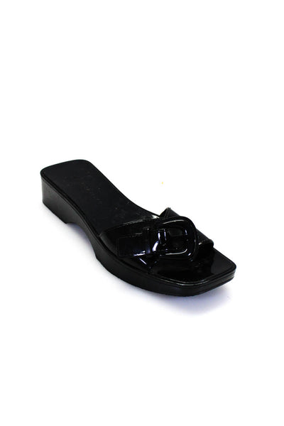 Veronica Beard Womens Single Buckle Strap Slide Sandals Black Patent Leather 6M