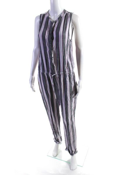 Splendid Womens Striped Sleeveless Buttoned V Neck Jumpsuit Gray Pink Size L