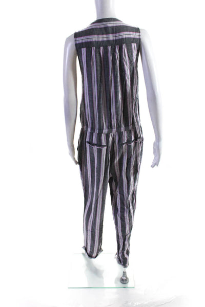 Splendid Womens Striped Sleeveless Buttoned V Neck Jumpsuit Gray Pink Size L