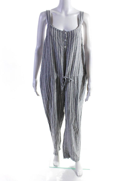 Rails Womens Striped Sleeveless Drawstring Buttoned Jumpsuit Gray White Size L