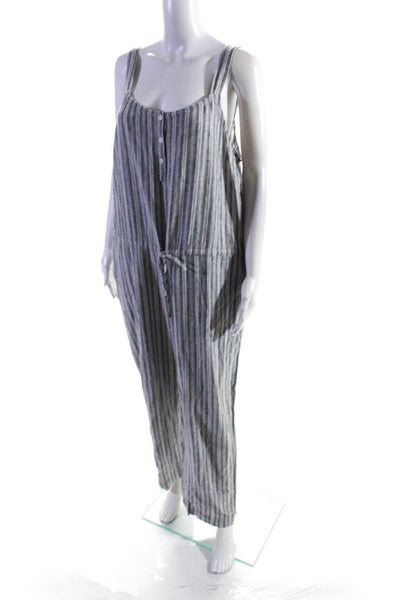 Rails Womens Striped Sleeveless Drawstring Buttoned Jumpsuit Gray White Size L