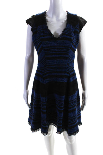 Rebecca Taylor Womens Stripe Leather Short Sleeve A Line Dress Blue Black Size 8