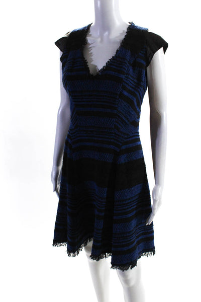 Rebecca Taylor Womens Stripe Leather Short Sleeve A Line Dress Blue Black Size 8