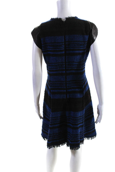 Rebecca Taylor Womens Stripe Leather Short Sleeve A Line Dress Blue Black Size 8