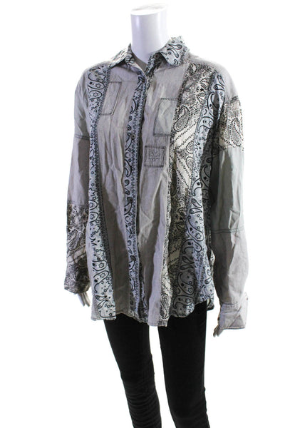 Free People Women's Paisley Print Patchwork Button Down Shirt Gray Size XS