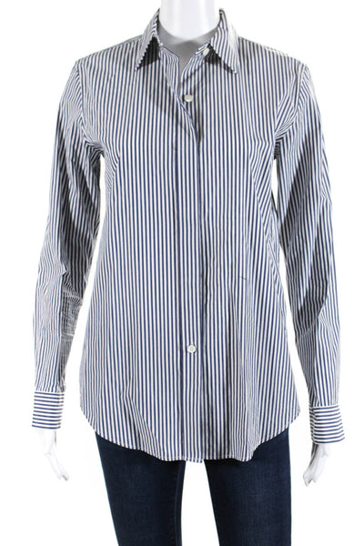 Theory Womens Cotton Striped Collared Long Sleeve Button-Up Blouse Blue Size P