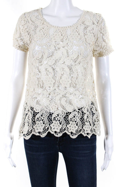 Joie Women's Round Neck Short Sleeves Crochet Blouse Beige Size XS