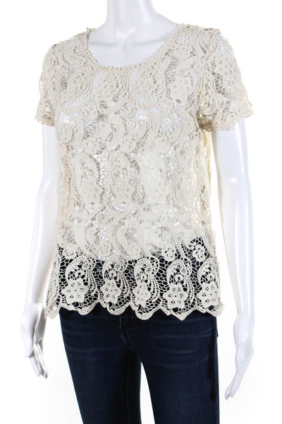 Joie Women's Round Neck Short Sleeves Crochet Blouse Beige Size XS