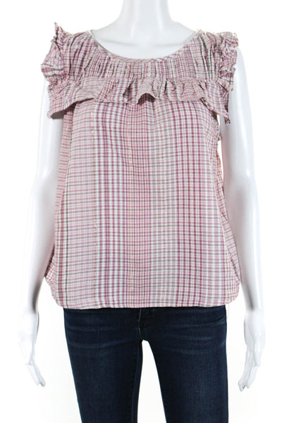 Rebecca Taylor Womens Plaid Ruffled Short Sleeves Blouse Pink Cotton Size Small