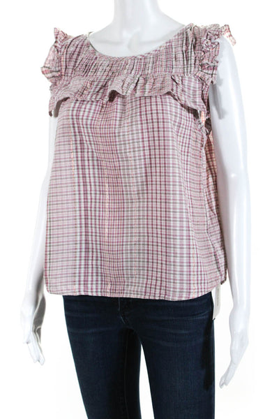 Rebecca Taylor Womens Plaid Ruffled Short Sleeves Blouse Pink Cotton Size Small