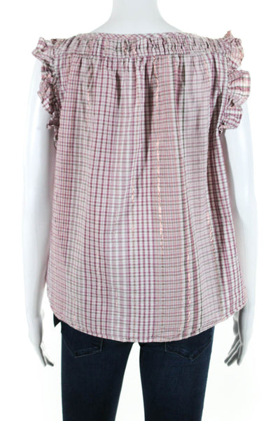 Rebecca Taylor Womens Plaid Ruffled Short Sleeves Blouse Pink Cotton Size Small