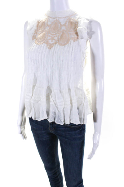 Free People Women's Round Neck Ruffle Sleeveless Blouse Ivory Size S