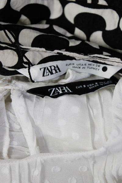 Zara Womens Long Sleeve Ruffled Printed Shirts White Black Size Small Lot 2