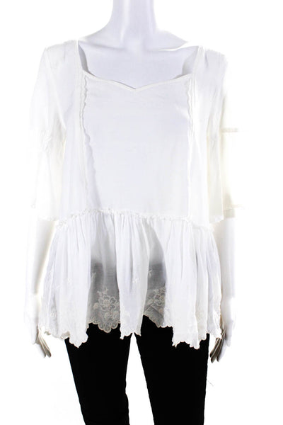 Free People Women's Short Sleeve V Neck Embroidered Ruffle Top White Size S