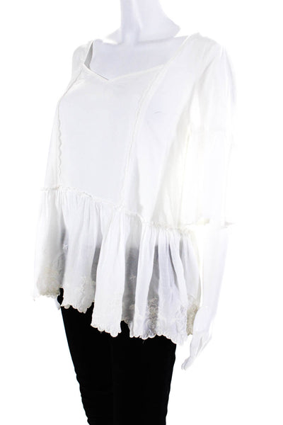 Free People Women's Short Sleeve V Neck Embroidered Ruffle Top White Size S