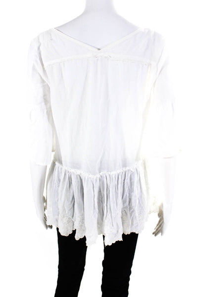 Free People Women's Short Sleeve V Neck Embroidered Ruffle Top White Size S