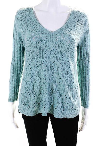 Nic + Zoe Women's Long Sleeve Open Knit V-Neck Knit Blouse Blue Size S