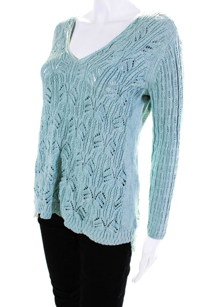 Nic + Zoe Women's Long Sleeve Open Knit V-Neck Knit Blouse Blue Size S