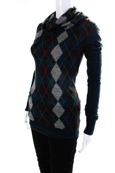 Alysi Womens Argyle Thin Long Sleeved Turtleneck Sweater Turquoise Red Size S