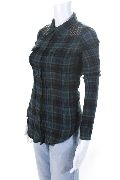 Equipment Femme Womens Cotton Plaid Studded Long Sleeve Button-Up Green Size XS