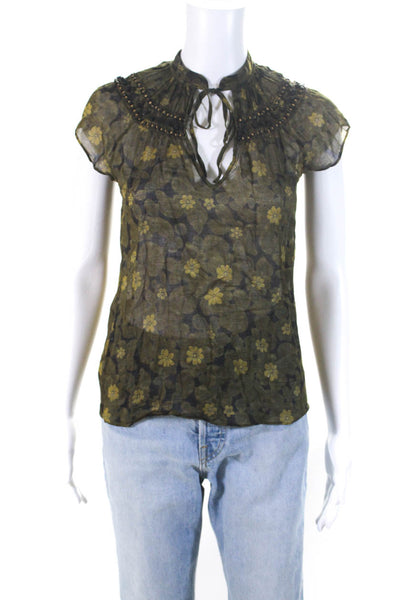Theory Womens Cotton V-Neck Cap Sleeve Floral Embellished Blouse Green Size S