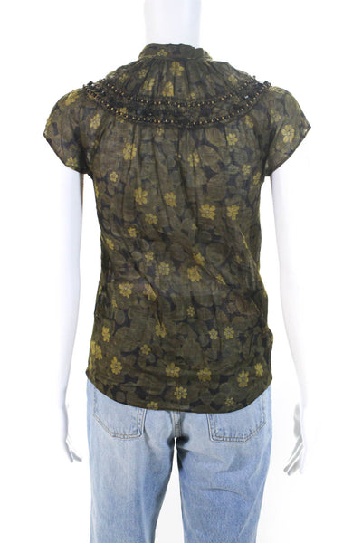 Theory Womens Cotton V-Neck Cap Sleeve Floral Embellished Blouse Green Size S