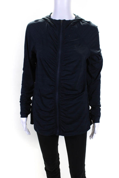 Athleta Womens Striped Ruched Full Zipper Hoodie Navy Blue Size Large