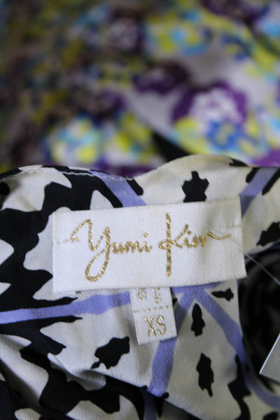 Yumi Kim Womens Button Front V Neck Printed Silk Tank Top White Blue Size XS