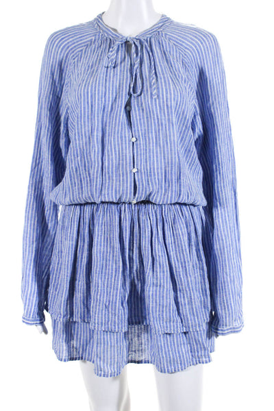 Rails Womens Striped Long Sleeved Buttoned Blouson Shirt Dress Blue White Size L