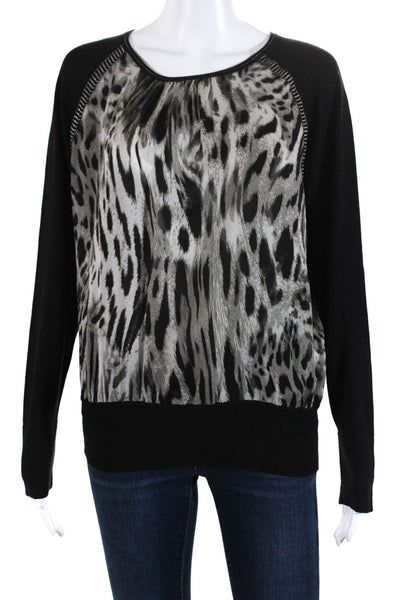 BASLER Womens Cheetah Print Long Sleeved Round Neck Blouse Gray Black Size 38