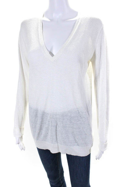 Theory Women's Adrianna Linen Blend V Neck Pullover Sweater White Size S