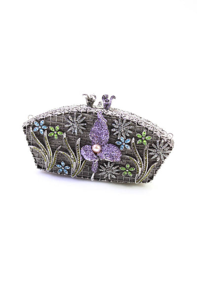 Edidi Womens Embellished Crystal Floral Minaudiere Mini Clutch Handbag Silver