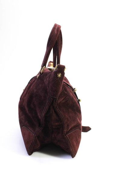 Belstaff Womens Zip Top Flat Rolled Handle Suede Satchel Handbag Dark Burgundy