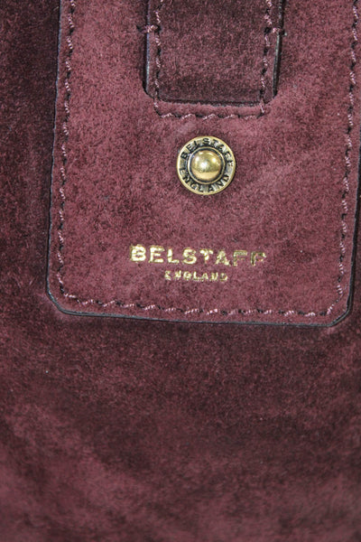 Belstaff Womens Zip Top Flat Rolled Handle Suede Satchel Handbag Dark Burgundy