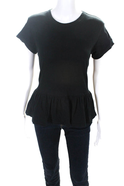 The Great Womens Short Sleeved Round Neck Ruffled Hem T Shirt Top Black Size 0