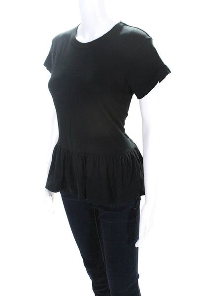 The Great Womens Short Sleeved Round Neck Ruffled Hem T Shirt Top Black Size 0